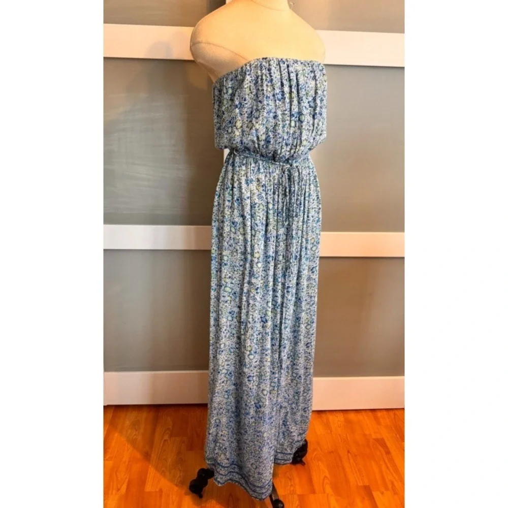 Poupette St Barth Mara Strapless Maxi Dress Blue Floral Print Small resort wear
